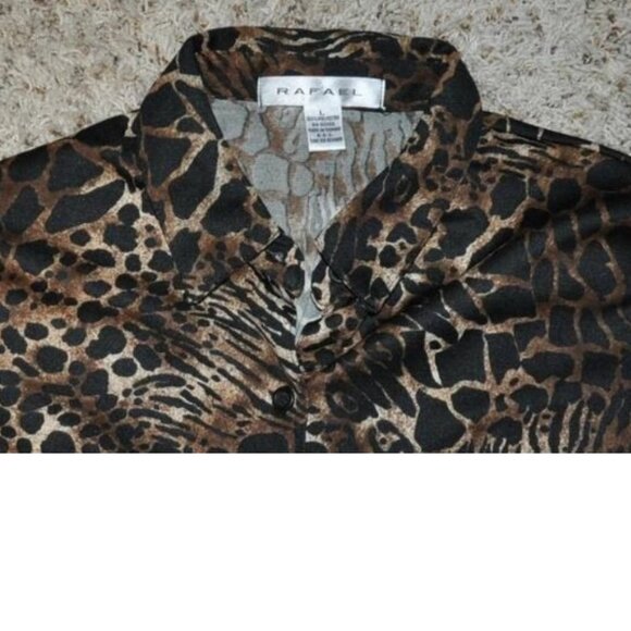 Womens Brown Leopard Button Up Shirt Large Rafael Long Sleeve Collared Top - Picture 2 of 4